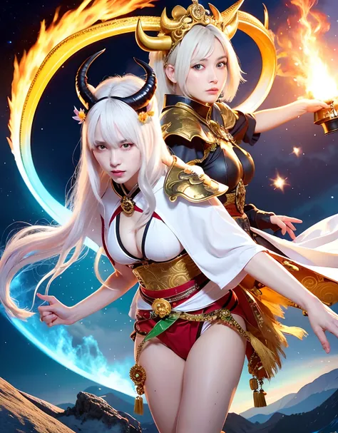 Professional , ​masterpiece、top-quality、photos realistic , depth of fields 、（White bikini armor)、（Mystical expression）、（（Fight dragons））,(Wear a beautiful kimono),（Wear a beautiful kimono with colorful floral patterns）、Jewel Gold Weapon、Particles of light)...