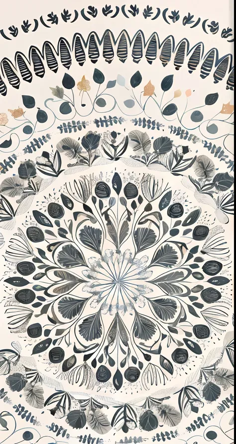 There is a drawing of a circular design with leaves and flowers, intricate details illustration, very design, Wallpaper phone. Intricate, ornate motifs, intricatedesign, Gorgeous floral design, centered radial design, intricate organic painting, ornate flo...