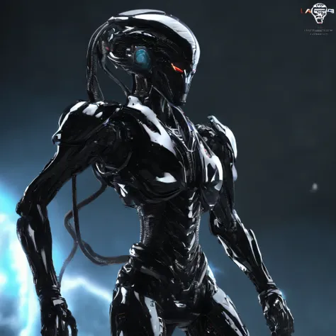 An alien，full bodyesbian，Humanoid，mechs，(Wearing a black zirconia ceramic surface mech:1.5)，(((Hard surface properties)))，(((streamlined line design)))，It has refined features in a sci-fi environment,with light glowing, Sparks and lights, best qualtiy，tmas...