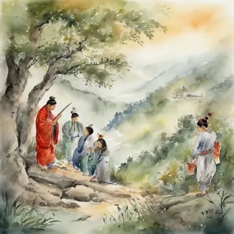 Boys and girls together to observe the hands of wormwood, Chinese style, ink style