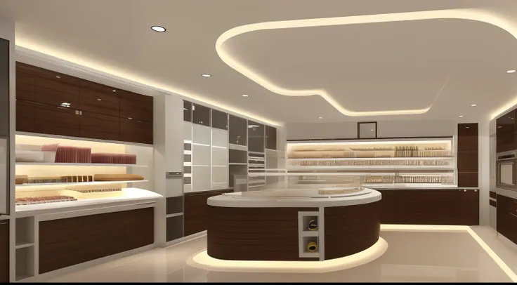 (cake shop: 1.1), display cabinet, cake console, (solid color style: 2.2), 30 square meters area, (small space: 3.2), glass, architectural visualization, complete interior design drawing, real physical rendering, warm and harmonious lighting, interior desi...