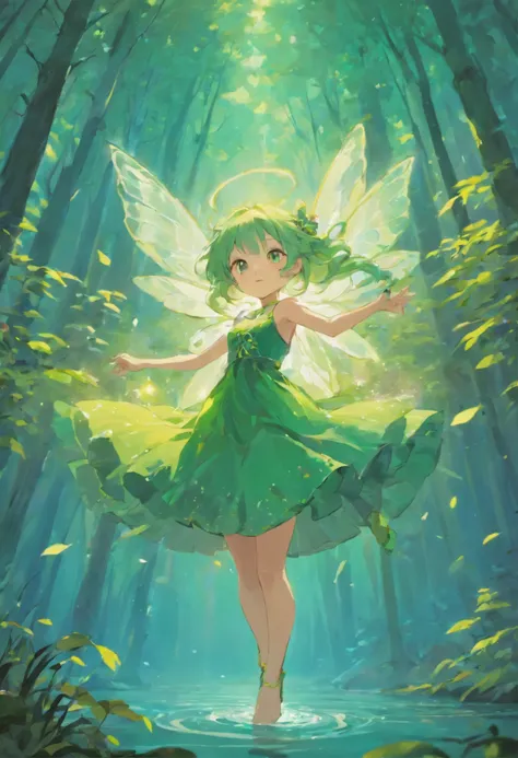 On a lake surrounded by forests，A fairy in a green dress hangs over the lake，Blue ribbons floated around her，Her light green hair collapsed limply on her back，With tenderness and kindness on her face。