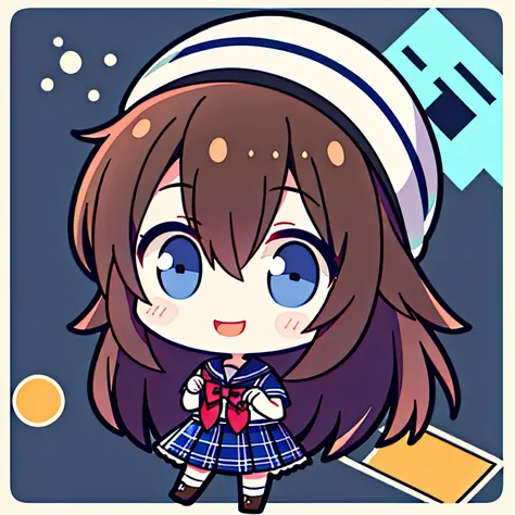 brown  hair、Girl child,pinging、Very short、1 person,Long hair solo, (twitch emote:1), full bodyesbian, Black eyes, adolable, Children、white backgrounid,、hair adornments、Blue hat,、elementary student、Blue plaid skirt school uniform、Kizi、A smile