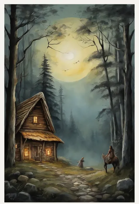 gloomy atmosphere, deeply forested, "Hut on chicken legs" From ancient Russian fairy tales, it stands on a dais and is illuminated by moonlight. An adult girl with long black hair goes to the hut. In the frame is a girl from the back. A gloomy atmosphere i...