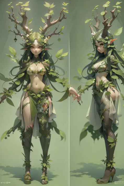 ​masterpiece, top-quality, 1 dryad、Slim body、small tits、exceptionally detailed anatomy, Leaf clothes、Leaves of the head,,,,,,、lovely, emotive, Charming, Bewitching、Giant trees、Branch corridor、World Tree、Fantastical、Slim body、small tits、(((detailed and beau...