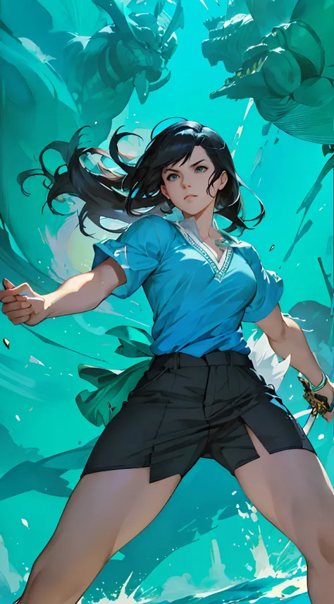 anime girl with sword and blue shirt in a blue background, artgerm and atey ghailan, ross tran style, steven artgerm lau, style artgerm, stanley artgerm lau, ross tran!!!, artgerm style, artgerm jsc, in the style artgerm, extremely detailed artgerm