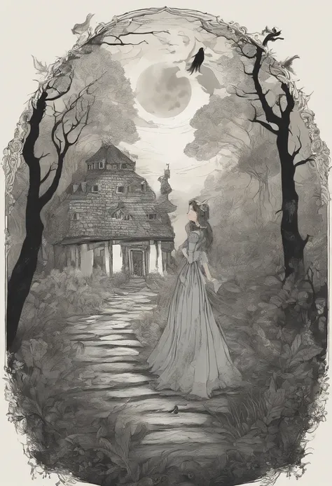 gloomy atmosphere, deeply forested, "Hut on chicken legs" From ancient Russian fairy tales, it stands on a dais and is illuminated by moonlight. An adult girl with long black hair goes to the hut. In the frame is a girl from the back. A gloomy atmosphere i...