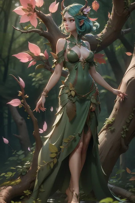 ​masterpiece, top-quality, 1 dryad、Slim body、small tits、exceptionally detailed anatomy, Leaf clothes、Leaves of the head,,,,,,、lovely, emotive, Charming, Bewitching、Giant trees、Branch corridor、World Tree、Fantastical、Slim body、small tits、(((detailed and beau...