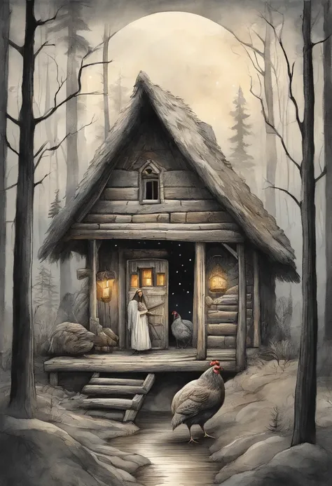 gloomy atmosphere, deeply forested, "Hut on chicken legs", literally, The old hut stands on two chicken legs, An image from ancient Russian fairy tales stands on a dais and is illuminated by moonlight. An adult girl with long black hair goes to the hut. In...