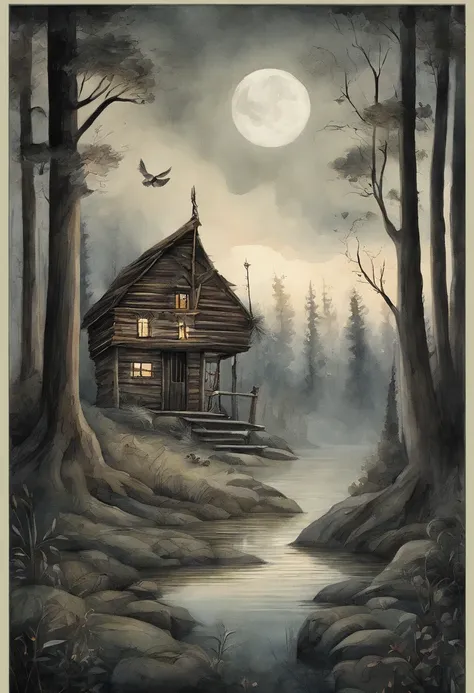 gloomy atmosphere, deeply forested, "Hut on chicken legs", literally, The old hut stands on two chicken legs, An image from ancient Russian fairy tales stands on a dais and is illuminated by moonlight. An adult girl with long black hair goes to the hut. In...