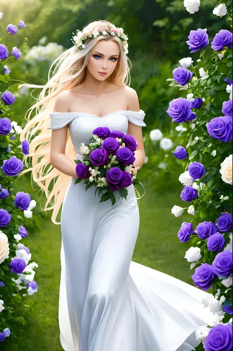 Feminine，eBlue eyes，Raised sexy，White dress holding blue-purple roses running in a sea of flowers