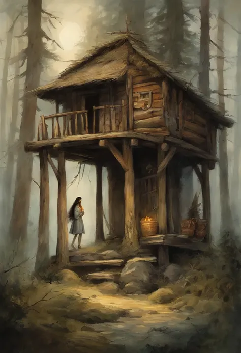 gloomy atmosphere, deeply forested, "Hut on chicken legs", literally, The old hut stands on two tall wooden pillars, An image from ancient Russian fairy tales stands on a dais and is illuminated by moonlight. An adult girl with long black hair goes to the ...