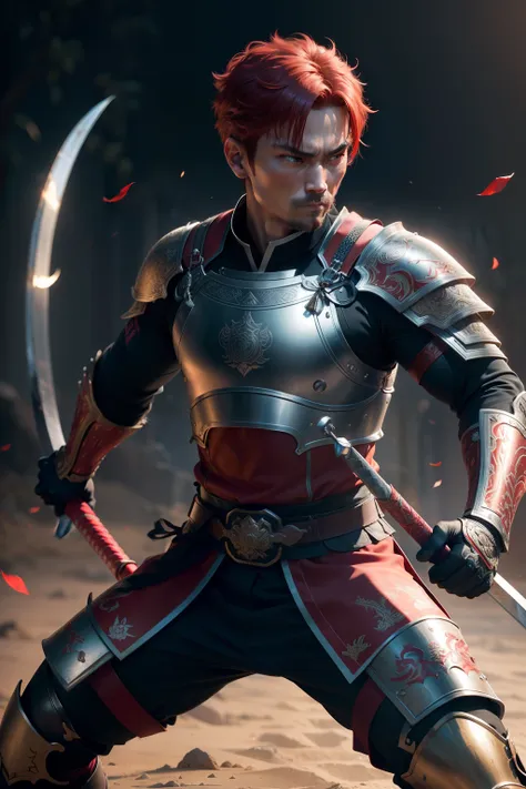 athletic man,chinese heritage,short red hair,dressed in samurai breastplate,wields a katana,longbow on back,blacksmith,(best quality,4k,8k,highres,masterpiece:1.2),ultra-detailed,(realistic,photorealistic,photo-realistic:1.37),portrait,concept artist,tradi...