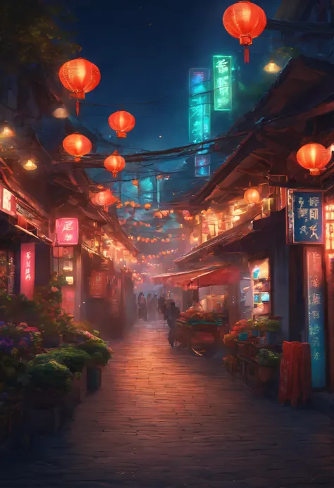 Style scene of streets with neon signs and gates, colorful anime movie background, arte de fundo, Colorful street market, dreamy Chinese towns, summer festival night, Anime background art, background artwork, Mobile game background, Anime landscape concept...