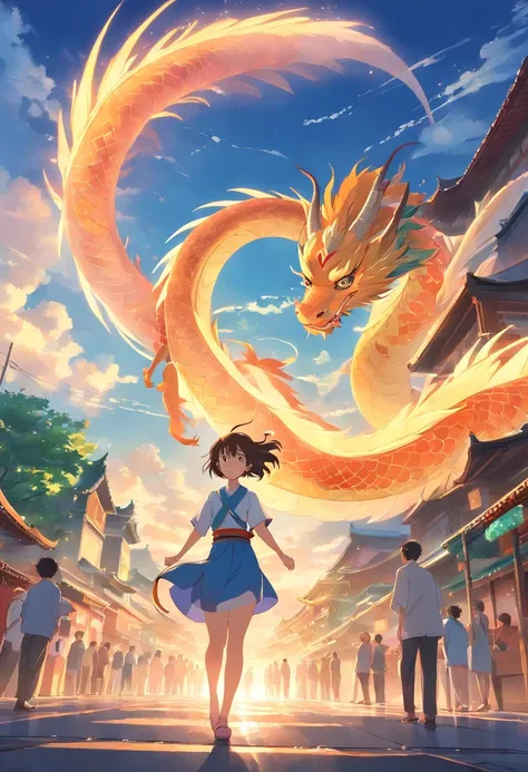 Chinese dragons soar in the sky，The dragon has only one head，Goddesses dance in the bustling city under the dome，The crowd happily watched the ancient buildings up and down，The golden sun shines on everyone，Ancient Tang style，Prosperity，Cinematic texture，h...