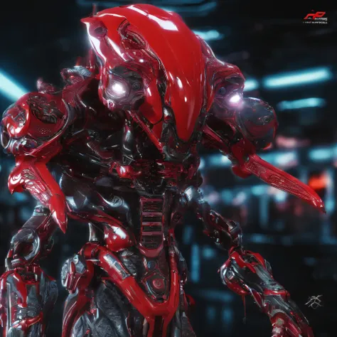 An alien，full bodyesbian，Humanoid，mechs，(Wearing a crimson zirconia ceramic surface mech:1.5)，(((Hard surface properties)))，(((streamlined line design)))，It has refined features in a sci-fi environment,with light glowing, Sparks and lights, best qualtiy，tm...