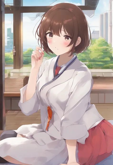 Short brown hair，Japanese JK uniform，female high-school student，The skirt is short，The reveal panties，Sit on the rooftop，The neckline of the dress is open，Expose off your underwear，Pink lingerie，The expression is shy，The chest is large