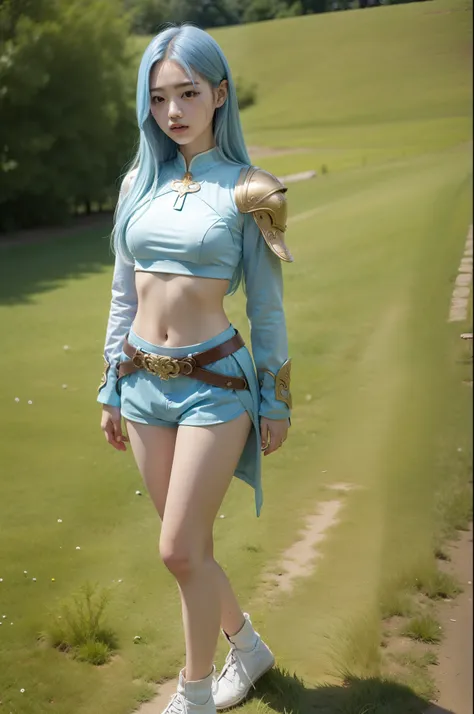 full body, A korean young girl in a fantasy world, 15yo, 15 years old korean young girl is in a field, fantasy field, small breast, petite figure, long light blue hair, tight armor that expose midriff, midriff exposed, white shorts, small tits, ((thin-wais...