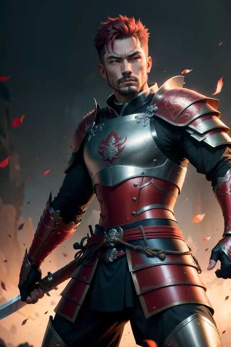 athletic man,chinese heritage,short red hair,dressed in samurai breastplate,wields a katana,longbow on back,blacksmith,(best quality,4k,8k,highres,masterpiece:1.2),ultra-detailed,(realistic,photorealistic,photo-realistic:1.37),portrait,concept artist,tradi...