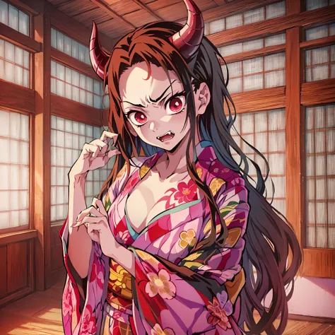 (masterpiece, best quality:1.2), kimetsu no yaiba style, kamado nezuko, (1girl, solo), 20years old, upper body, (pink kimono, open chest, floral tattoo on neck and chest), (red demon horns, red eyes), (angry face, long fangs), claw pose, Japanese old style...