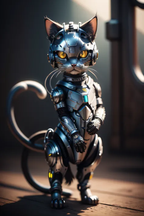 A cute kitten made of metal, (cyborg:1.1), ([tail|detailed wire]:1.3), (intricate detail), hdr, (intricate detail, hyperdetailed:1.2), cine footage, halo shadow, centered