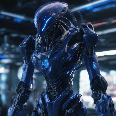 An alien，full bodyesbian，Humanoid，mechs，(Wearing a dark blue zirconia ceramic surface mech:1.5)，(((Hard surface properties)))，(((streamlined line design)))，It has refined features in a sci-fi environment,with light glowing, Sparks and lights, best qualtiy，...