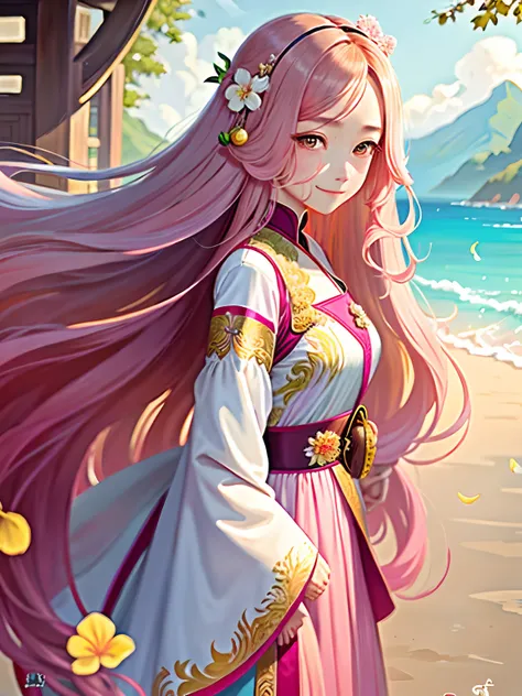 Paradise fantasy painting, The Great Pearl Gate in Paradise, Peach blossom Duoduo color pink white，Inside, there should be a long-haired beauty dressed in yellow in period costume with a side face photo，Emoji smile，Bigger eyes，The hair is brown, and it is ...