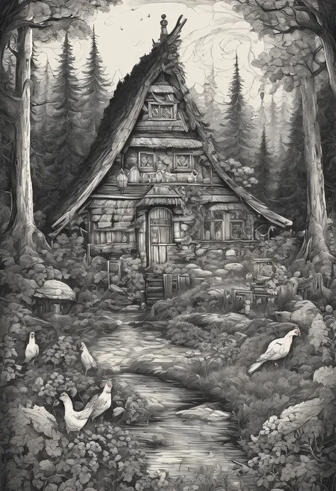 (realistic,ultra-detailed,highres,masterpiece:1.2),dark atmosphere,illustration-style artwork of old Russian fairy tales,dense forest,"Chicken-Legged Hut" standing

Explanation:
- (realistic,ultra-detailed,highres,masterpiece:1.2): to ensure high-quality a...