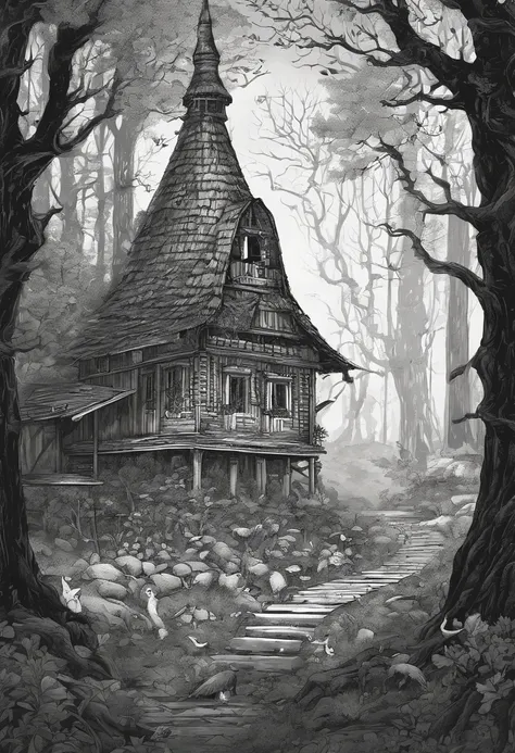 (realistic,ultra-detailed,highres,masterpiece:1.2),dark atmosphere,illustration-style artwork of old Russian fairy tales,dense forest,"Chicken-Legged Hut" standing

Explanation:
- (realistic,ultra-detailed,highres,masterpiece:1.2): to ensure high-quality a...