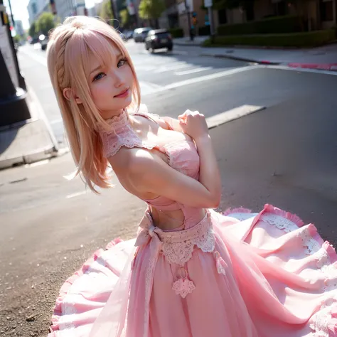 daytime street corner，illuminated by the sun，pointing your butt towards the viewer，a big smile，dancing happily，pink dress, empha...