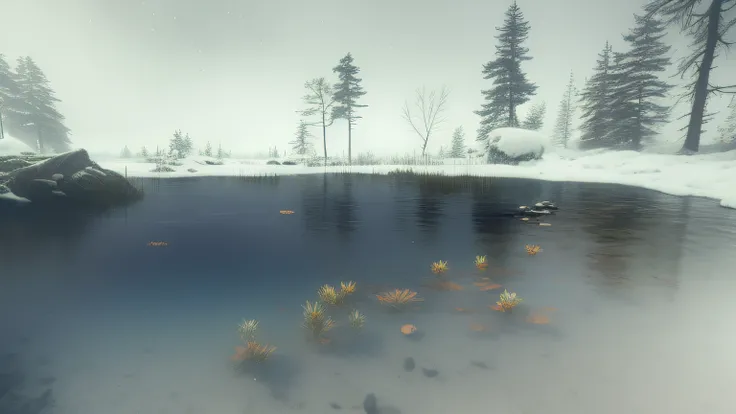 There is a small pond in the middle of the snowfield, subsurfacescattering, realistic water, Rozarsky, partially underwater, Snowy plains, sub surface scattering, From Game Pathology 2, flooded ground, rendered in cryengine, In the game Pathology 2, realis...