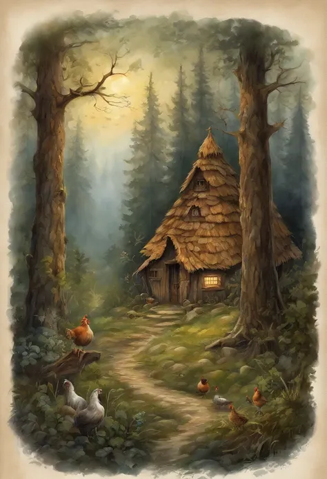 (Realistic,Ultra-detailed,hight resolution,Masterpiece:1.2),Dark atmosphere,Illustrative design of old Russian fairy tales,deeply forested,"Hut with chicken legs" Standing Explanation: - (Realistic,Ultra-detailed,hight resolution,Masterpiece:1.2): to ensur...