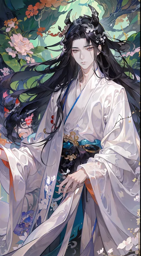 anime characters with black hair and white horses, flowing hair and long robes, heise jinyao, beautiful male god of death, hands...