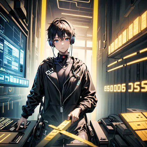 A boy,codes, surrounded by binary codes,hacker, wearing a black hoodie, headphones around his neck, digital environment, inside the internet, absolutely stunning art, extremely detailed,highest quality digital art