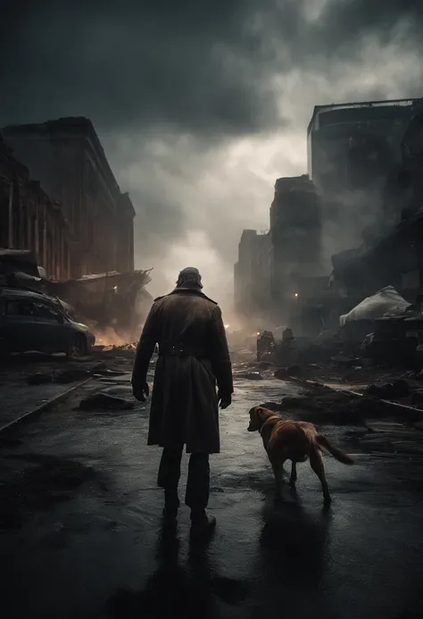 Create a cinematic scene for a movie poster that captures the intense moment when the hero confronts the main antagonist in a post-apocalyptic world, with a dramatic backdrop of a crumbling cityscape and a stormy sky