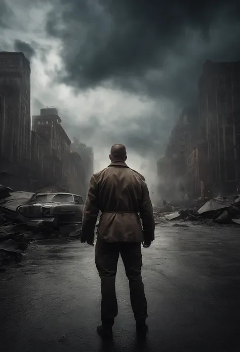 Create a cinematic scene for a movie poster that captures the intense moment when the hero confronts the main antagonist in a post-apocalyptic world, with a dramatic backdrop of a crumbling cityscape and a stormy sky