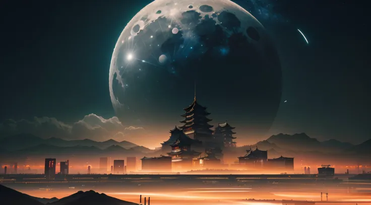 Photo taken from afar in the city with the full moon in the background, cyberpunk chinese ancient castle, 4K highly detailed digital art, arstation and beeple highly, concept art wallpaper 4k, cyberpunk japanese temple, 4 k manga wallpaper, 3d render beepl...