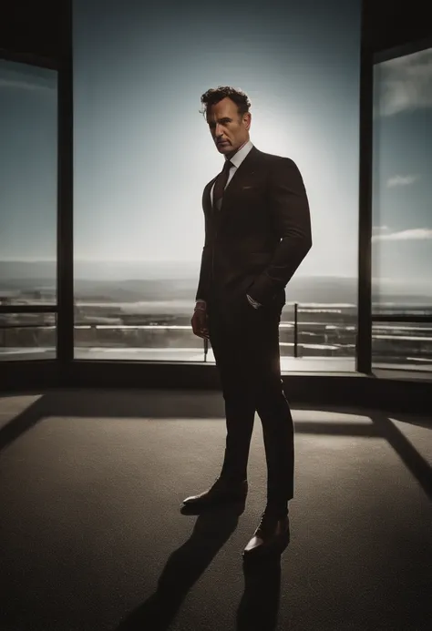 Cinematic photo, wide angle, of a handsom man, tall and fit, 40 years old, (shaven:1.2) , short curly brown hair. dark brown tight velvet suit, (the jacket has black flower patterns:1.2). Minimalistic background, clean composition, strong details, Muted Co...