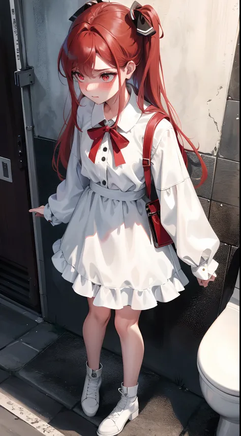 1girl with long hair and dress, 1 girl is taking to lavatory, looking away,  standing,  embarrassed, blush,Red hair and red eyes, Keep ones mouth shut,  street (girl is peeing self:0.4)