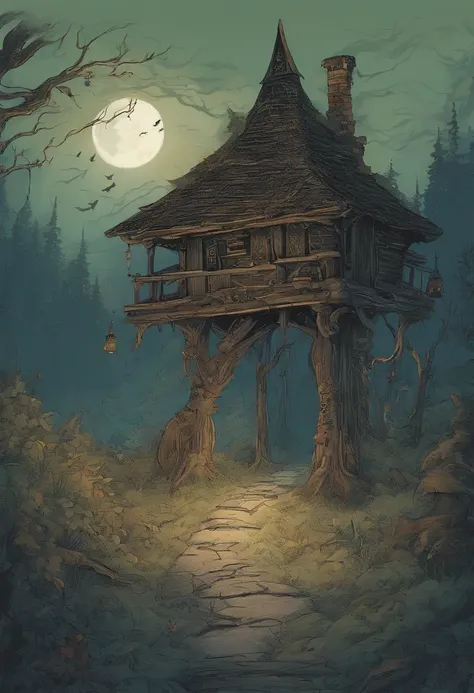 gloomy atmosphere, deeply forested, "Hut on chicken legs", literally, The old hut stands on two tall wooden pillars, An image from ancient Russian fairy tales stands on a dais and is illuminated by moonlight. An adult girl with long black hair goes to the ...