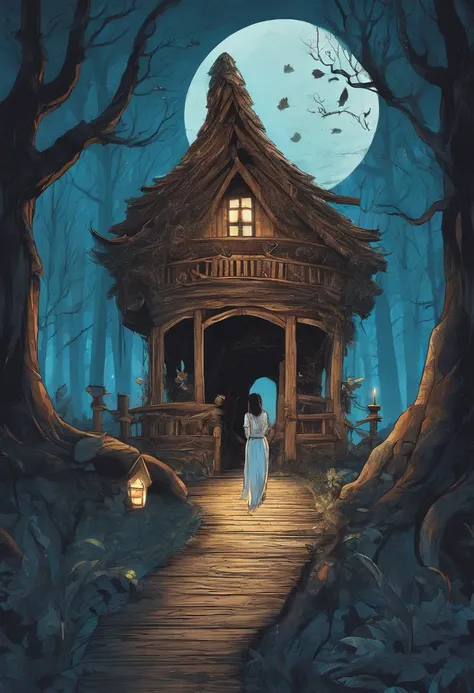 gloomy atmosphere, deeply forested, "Hut on chicken legs", literally, The old hut stands on two tall wooden pillars, An image from ancient Russian fairy tales stands on a dais and is illuminated by moonlight. An adult girl with long black hair goes to the ...