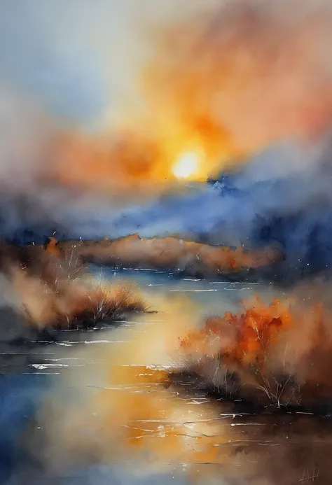 From wastes of sand one smoke plume risessheer, Past the long river the round sun sinks lowdepicted in a minimalist style. The color paletteof the scene is primarily based on Klein Blue,redana white as secondary colors,presentedin aflatillustration style,-...