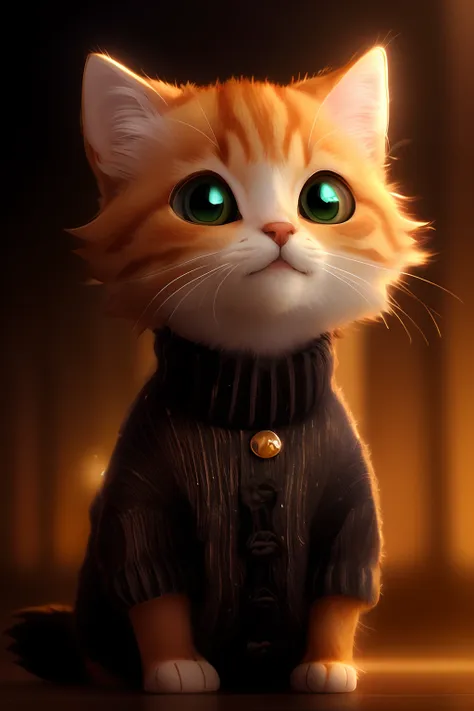 a close up of a cat wearing a sweater on a black background, adorable digital painting, cute 3 d render, cute digital art, cute ...