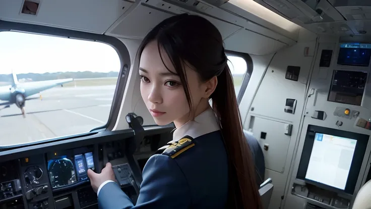 (​masterpiece)、8K,4K,In the cockpit of an airplane、Scalpel machine operation、Beautiful face、Serious look、(Uniform for pilots),Camera angle from the back、Close-up、