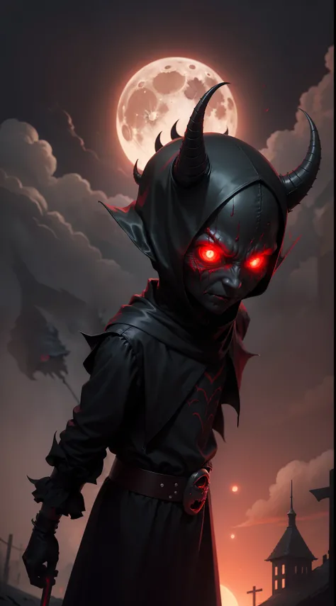 Devilish faceless small_Humanoid, With a two-edged weapon, Scary, Horror, Night, Dark, fall weather, full moon, Glowing red eyes, Evil, 1600s