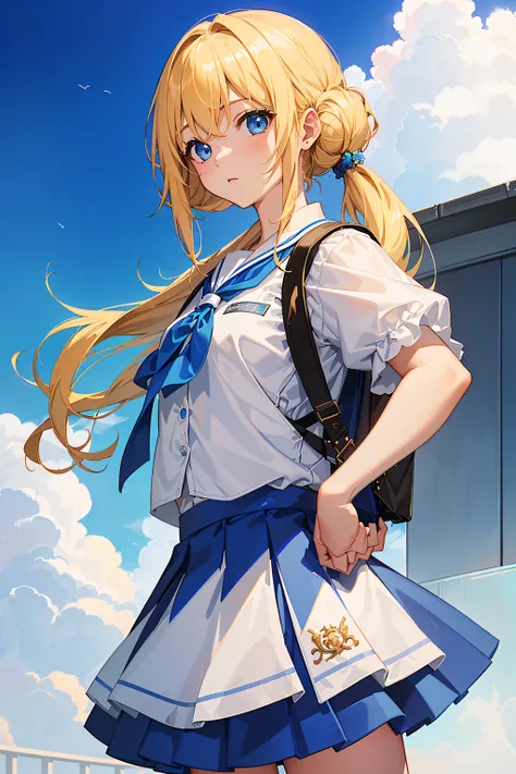 top-quality、Top image quality、​masterpiece、girl with((18year old、White Y-shirt、Blue short skirt、Best Bust、Bust 85、a blond、poneyTail、,Beautiful blue eyes、run、backpack)）hiquality、visualart、Background with((school classrooms))