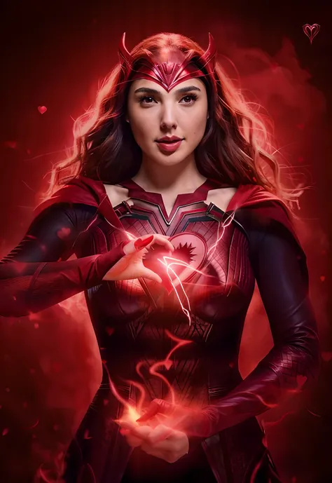 Gal Gadot, a woman in a red dress holding a heart with a demon face, scarlet witch marvel, Gal Gadot as scarlet witch, scarlet witch, scarlet witch costume, she has fire powers