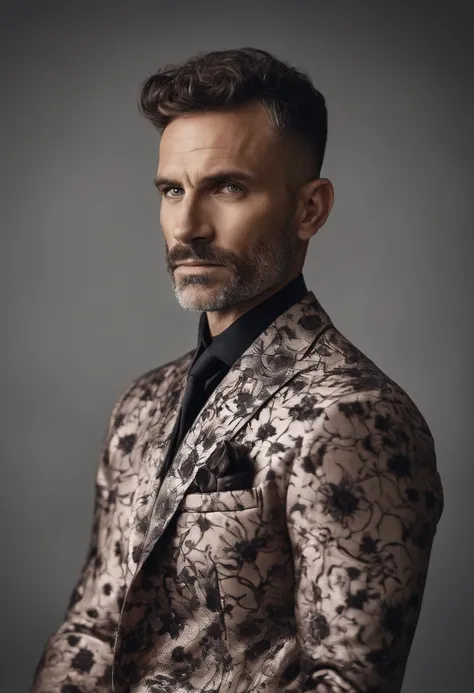 Cinematic photo, wide angle, of a handsom man, tall and fit, 40 years old, (shaven:1.2) , short curly brown hair. dark brown tight velvet suit, (the jacket has black flower patterns:1.2). Minimalistic background, clean composition, strong details, Muted Co...