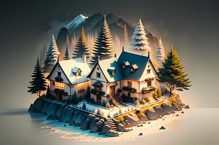 Duskamétrik isometric section Christmas house，Christmas deer，fire oven，santa，broom， Incredible background bokeh edge lighting