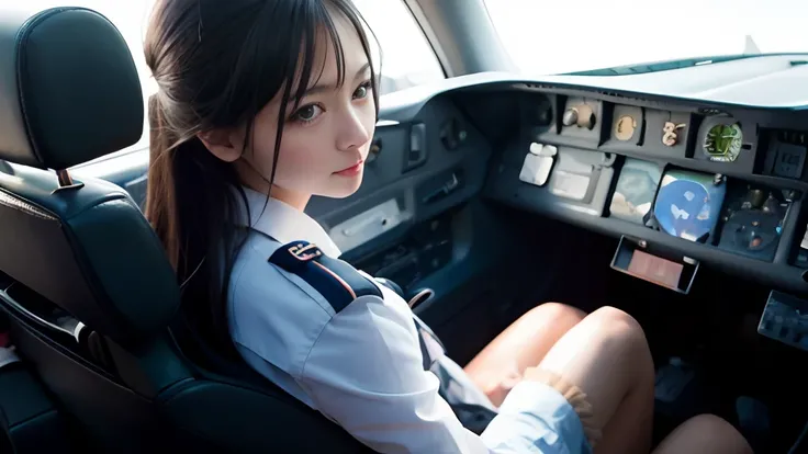 Close up portrait of woman sitting in airplane cockpit, cute pilot girl, pilot girl, girl wearing school uniform, Portrait of cute pilot girl, in cockpit, pilot outfit, sakimichan, Planes, Korean Girl, ulzzangs, absolutely outstanding image, beginner, JK U...